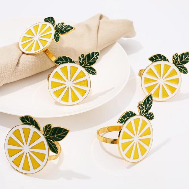 Whaline 6Pcs Lemon Napkin Rings Metal Lemon Napkin Holder Farmhouse Gold Fruit Napkin Buckle for Summer Wedding Dinner Party Birthday Banquet Family Gathering Holiday Table Top Decoration