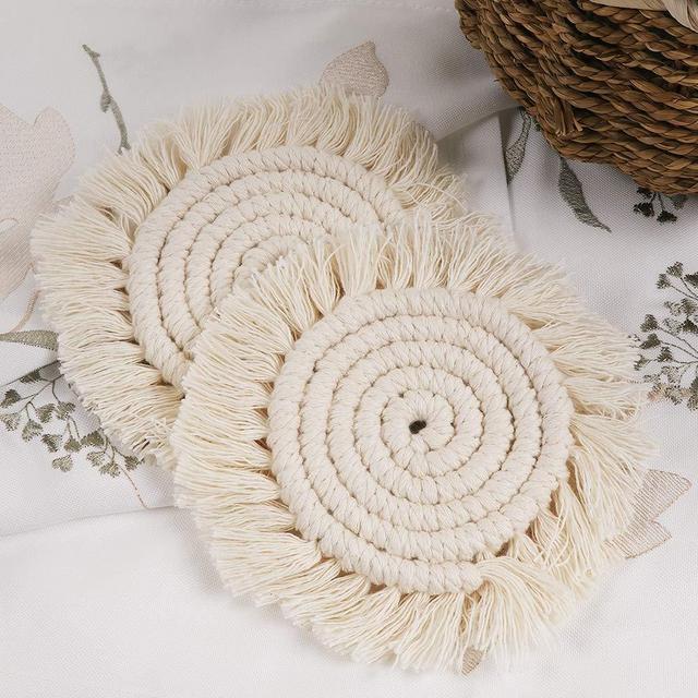 Lahome Handmade Macrame Coasters - Round Drinks Cotton Boho Woven Coaster Set with Tassel for Kinds of Mugs and Cups (Cream, Set of 2)