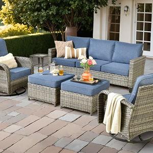 Ovios 6 -Piece Rattan Patio Sofa Conversation Set with Blue Cushions