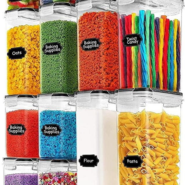 Paincco Airtight Food Storage Containers Set - 14pcs Plastic BPA Free Kitchen & Pantry Organization Canisters for Cereal, Flour & Baking Supplies, Include 20 Labels & 1 Marker, Black