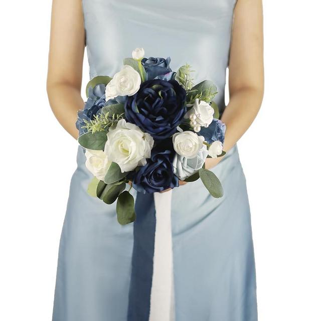 BENCENTRE 7 Inch Navy Blue Wedding Bouquet for Bride Bridesmaid,Small Wedding Bouquet, for beach wedding,Marriage Proposal Party and Vintage Wedding Ceremony Anniversary,Artificial Flowers