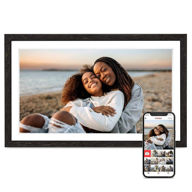 Digital Picture Frame, 15.6 Inch Frameo Digital Frame WiFi, 1920 * 1080 IPS FHD Touchscreen, 32GB, Tabletop&Wall-Mounted, Share Picture Video, Large Electric Photo Frame, Mom Gifts, Black Woodgrain