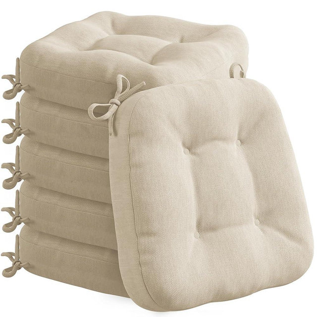 Codi 6 Pack Dining Chair Cushions, Thick Chairs Pads for Indoor Kitchen Room - Washable, Non-Slip Memory Foam Seat Cushion with Ties, 16.5"x16.5"x 3.5", Set of 6, Beige New