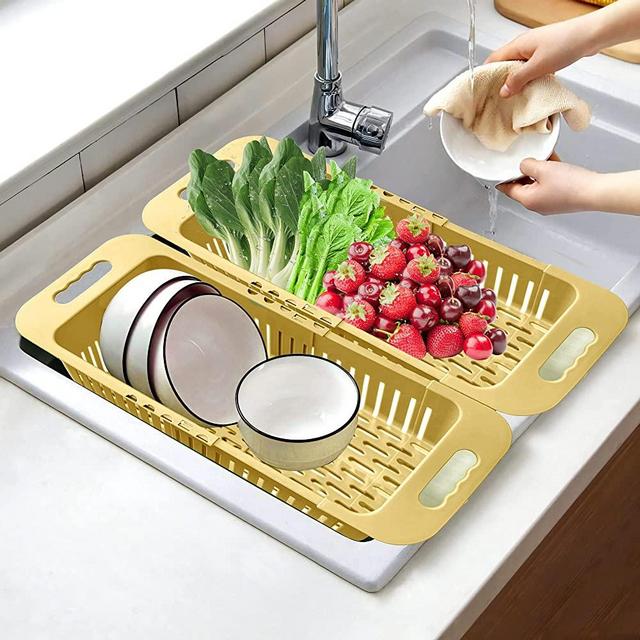 MineSign 2 Pack Collapsible Colander Fruits and Vegetables Drain Basket Adjustable Strainer Over the Sink for Kitchen (Yellow))