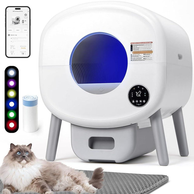Self Cleaning Cat Litter Box: Extra Large Automatic Litter Box for Multiple Cats with Mat - Odor-Free Waste Disposal Cat Box with App Control Ambient Light