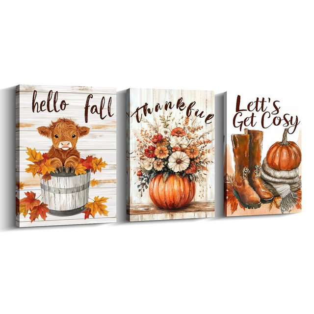 KPLUNDO 3Pcs Autumn Canvas Wall Art Pumpkin Decor Cow Picture Boots Prints Farmhouse Fall Paintings Modern Artwork for Walls Thanksgiving Living Room Kitchen(12.00"x16.00"x3P)