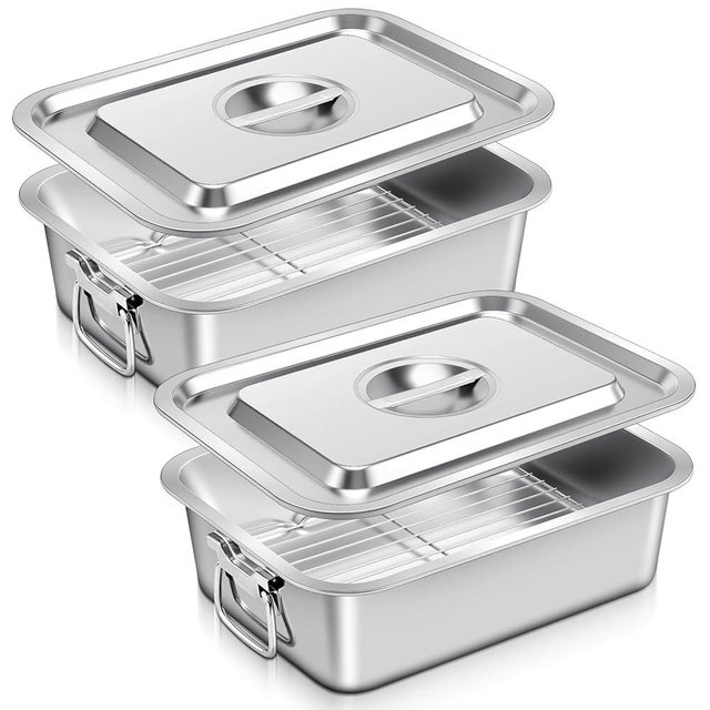 Tiangrid 2 Pack 4 Inch Deep Lasagna Pans with Lid, Rack, Handle, 14.2 x 11 Inch 7.4 Qt Large Stainless Steel Nonstick Lasagna Baking Roasting Casserole Dishes, for Oven, Dishwasher, Family Cooking