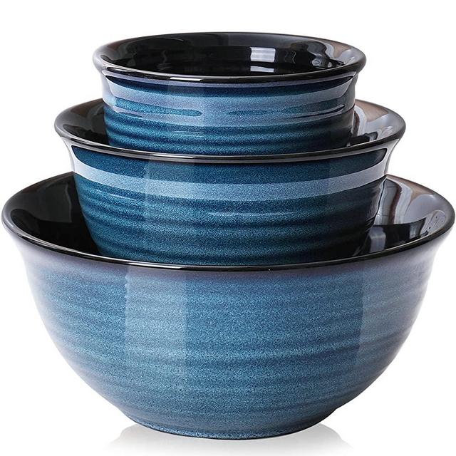 Hasense Large Mixing Bowls Set for Kitchen, Ceramic Serving Dishes for Entertaining, 2.1/1.0/0.5 Qt Deep Microwave Safe Nesting Batter Bowl for Storage and Baking, Blue