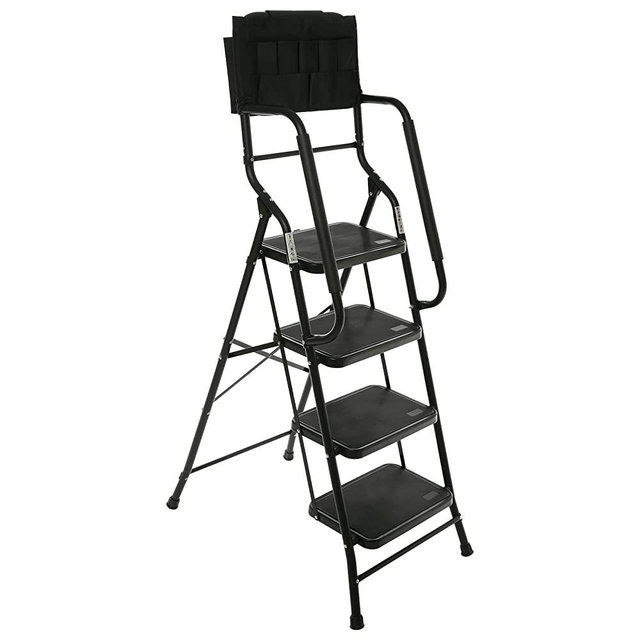 EdMaxwell 4 Step Ladder with Handrails 500 lb Capacity Step Stool Folding Portable Ladders for Home Kitchen Steel Frame with Non-Slip Wide Pedal Stepladder with Attachable Tool Bag Black