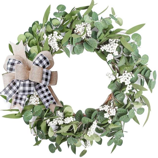 Artificial Eucalyptus Wreath for Front Door|20" Green Leaf Wreath for Window Home Porch Farmhouse Patio and Garden Indoor Outdoor Decor with Bow for Spring Summer Fall Winter