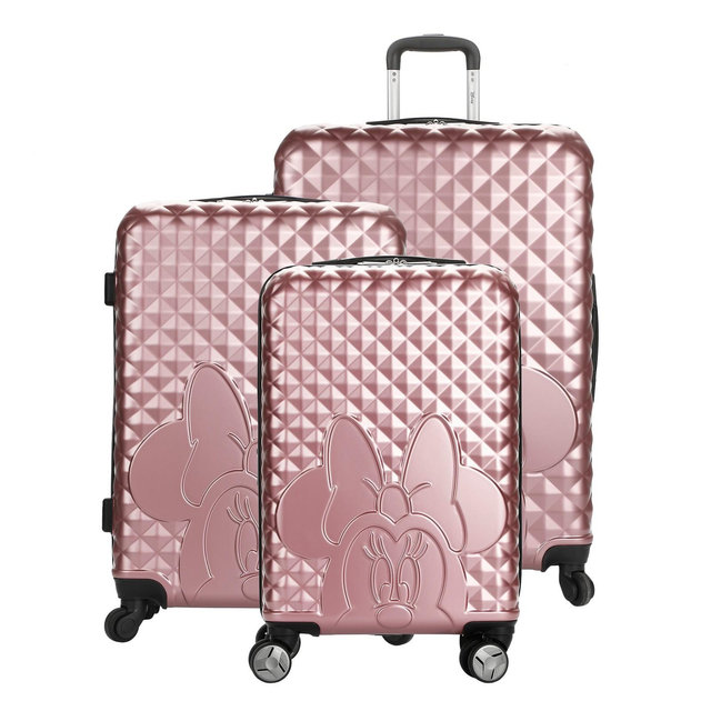 Disney Minnie Mouse 3-Piece Rolling Luggage Set, Pink Peek-a-Boo Molded Hardshell Suitcases , Luggage with Wheels, Retractable Trolley