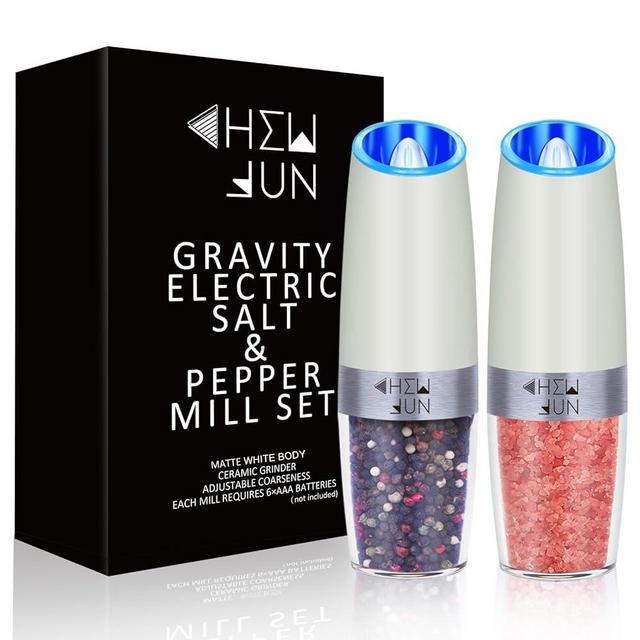 Gravity Salt and Pepper Grinder Set with Adjustable Coarseness Automatic Pepper and Salt Mill Set Battery Powered with Blue LED Light,One Hand Operated,Brushed Stainless Steel by CHEW FUN