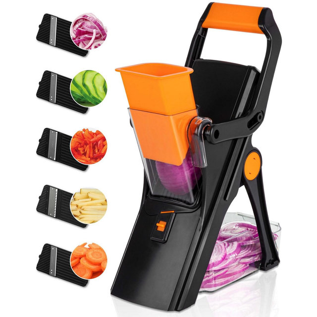 NutriSlicer Black Upright Mandoline Slicer – 5 Stainless Steel Blades, BPA-Free and Dishwasher Safe
