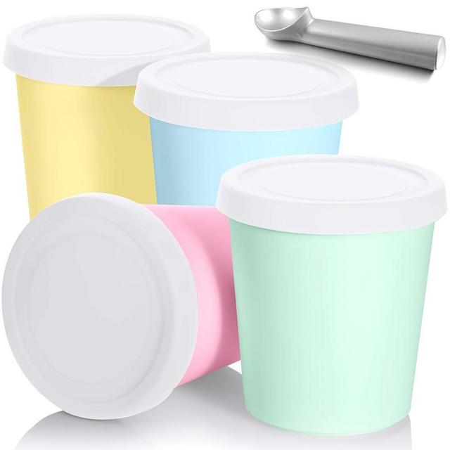 Nuenen 5 Pack Ice Cream Containers 1Qt Freezer Storage Tubs with Silicone Lids and Spoon for Homemade Ice Cream Reusable, Sorbet Dishwasher Safe (Macaron color)