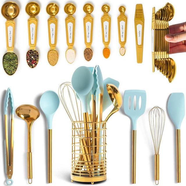 Styled Settings 25-Piece Teal and Gold Kitchen Utensil Set – Silicone Utensils, Magnetic Measuring Spoons and Nonstick Cookware