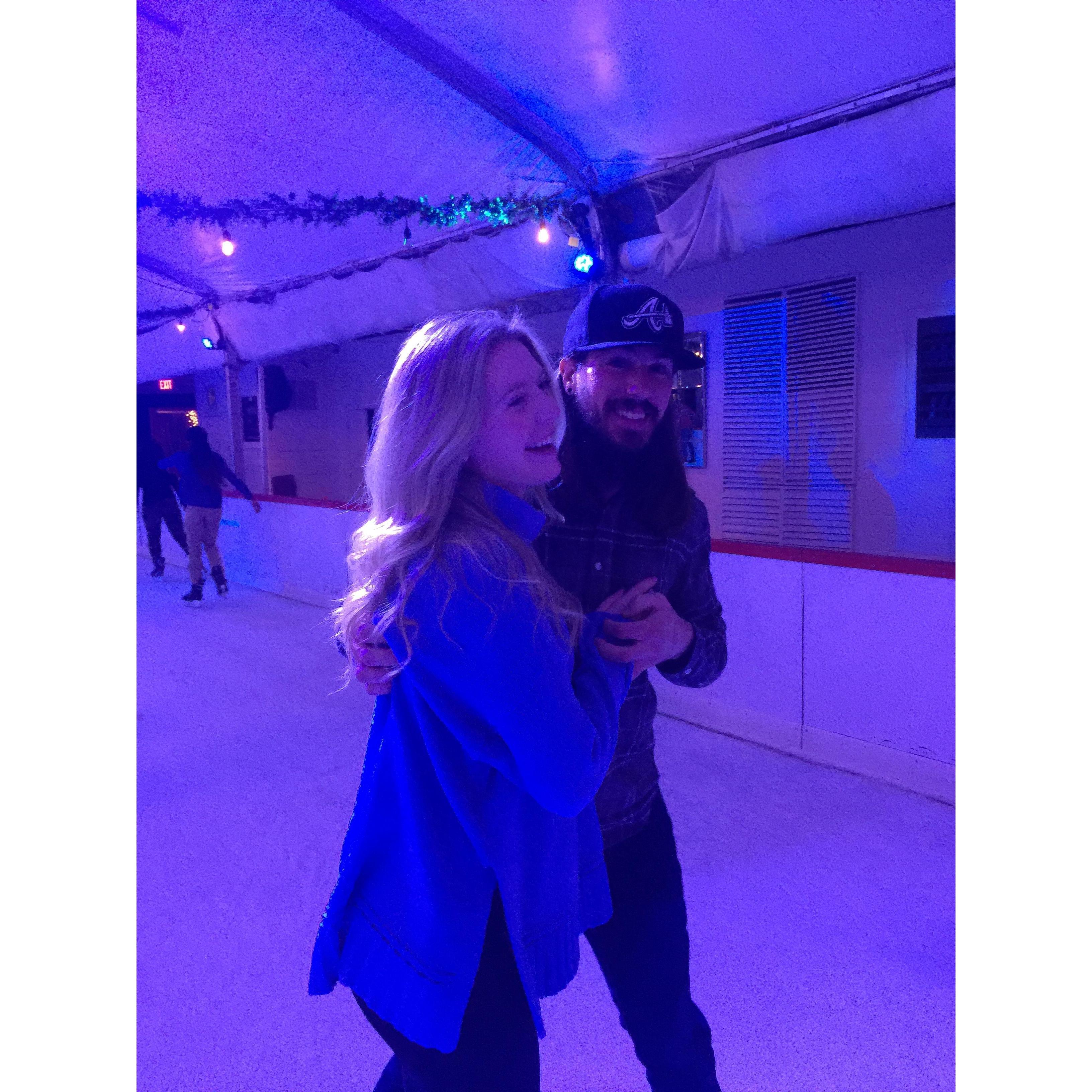 A night a month or so after we met. He took me as his date to a work Christmas party at an ice-skating rink. He'll tell you that his favorite part was catching me from falling the entire night.