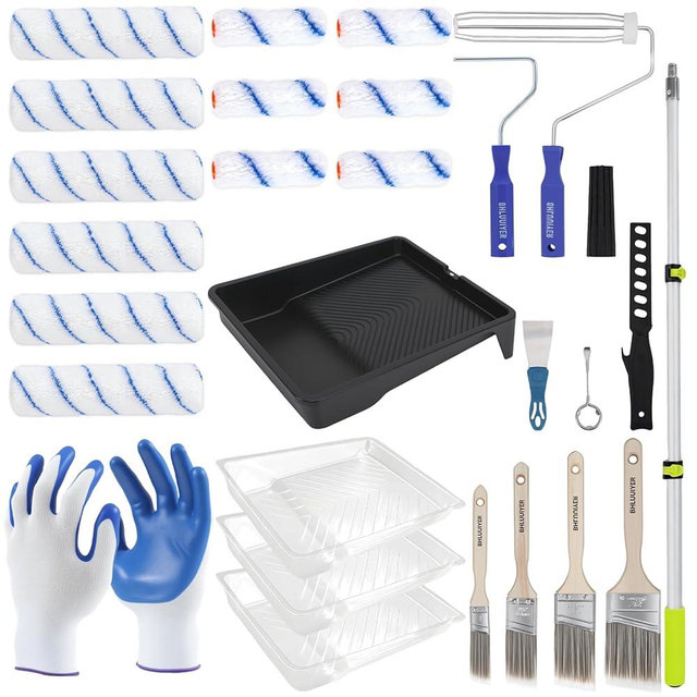 BHLUUIYER Paint Roller Kit with 2 to 4 FT Extension Pole for House Painting - Completed Home Painting Set with 9″ & 4″ Paint Roller Covers, Tray, Paint Brushes and Accessories