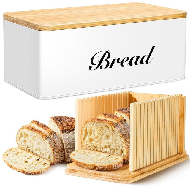 RYTOXILO Bread Slicer for Homemade Bread with Box, White Bread Storage for Kitchen Countertop with 3 in 1 Bamboo Lid, Bread Loaf Slicers Machine with Slicing Guide for Sandwich, Sourdough Rounds