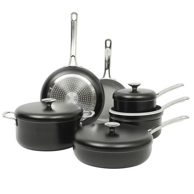 Sur La Table Kitchen Essentials Potluck Porch 10 Piece PFA Free Ceramic Non stick Interior Forged Aluminum Cookware Pots and Pans Set W/Aluminum Lids - Black - Induction Compatible