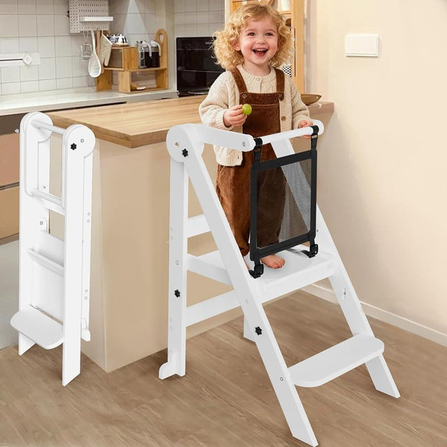 Foldable Toddler Tower, 3 Adjustable Height Toddler Standing Tower, Wooden Kids Kitchen Stool Helper with Safety Rails, Space Saving Kids Step Stool - Ages 18 Months to 6 Years