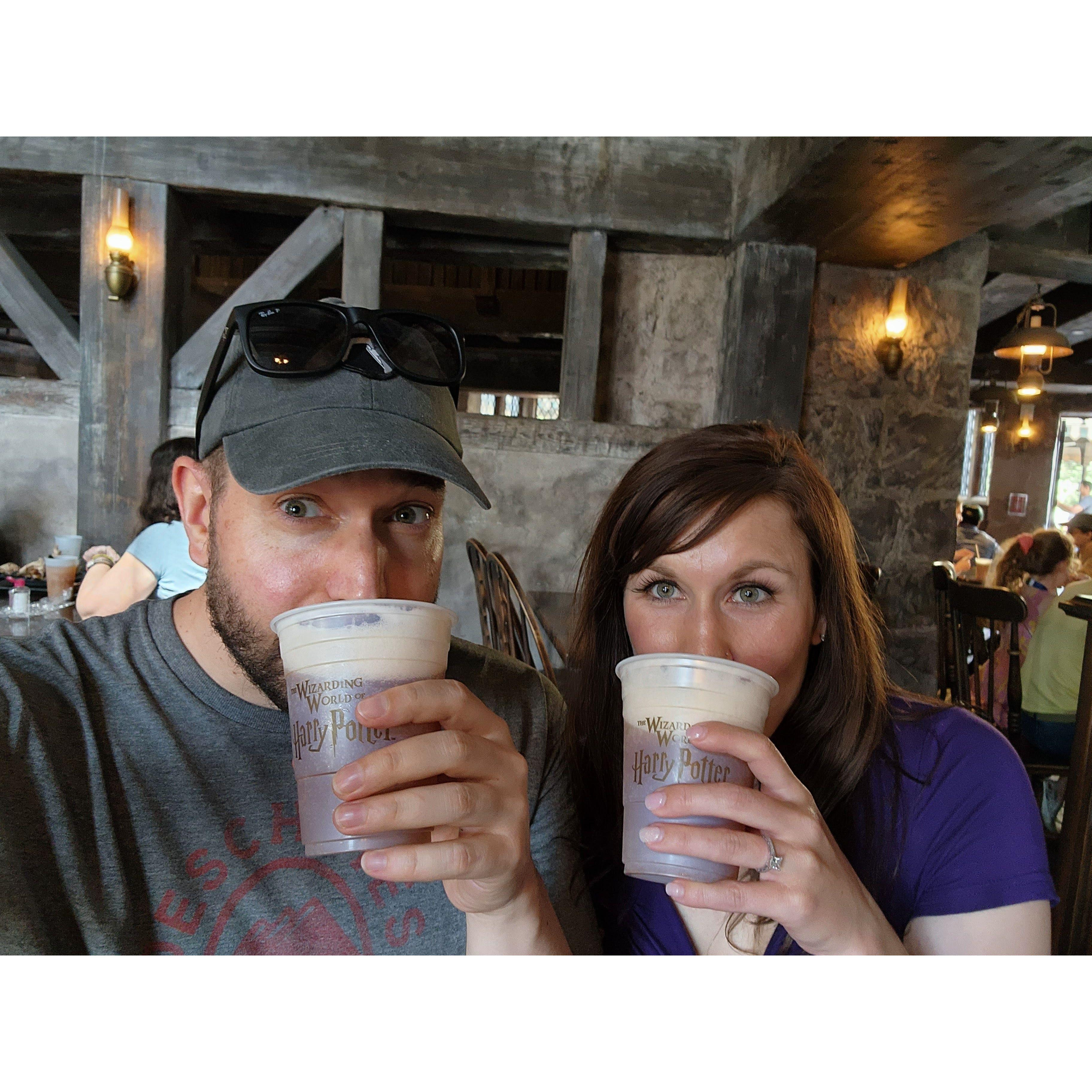 Enjoying spiked Butterbeer at Harry Potter Universal Studios. April 2022.