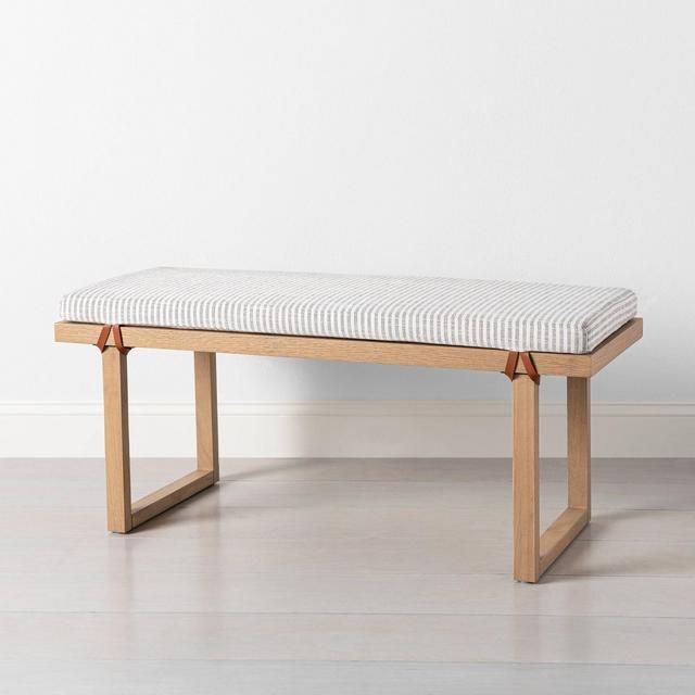 Upholstered Natural Wood Bench Micro Stripe Dark Gray / Beige - Hearth & Hand™ with Magnolia