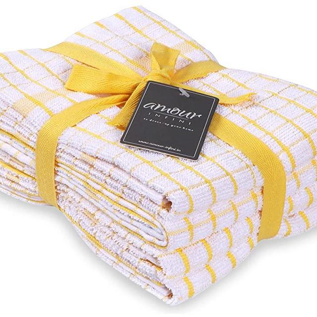 AMOUR INFINI Terry Kitchen Towels | Set of 4 | 20 x 28 Inches | Super Plush and Absorbent |100% Cotton Dish Towels with Hanging Loop | Perfect for Kitchen and Household Uses | Yellow