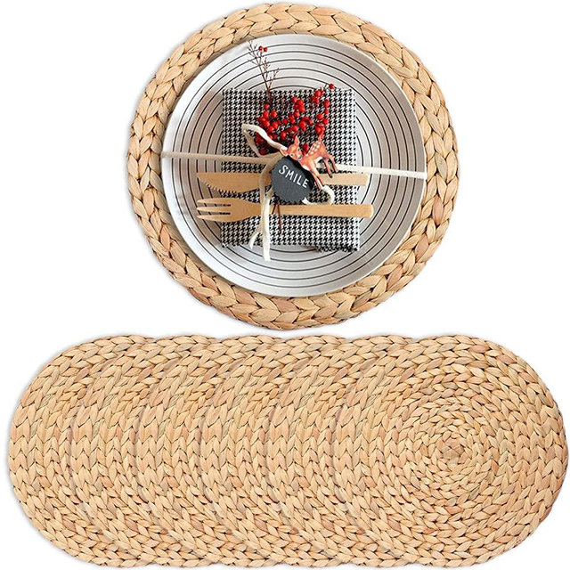Boho Placemats for Dining Table Set of 6, Water Hyacinth Placemats for Round Table, Round Placemats for Round Tables, Woven Placemats Set of 6, Farmhouse Placemats 13.4"