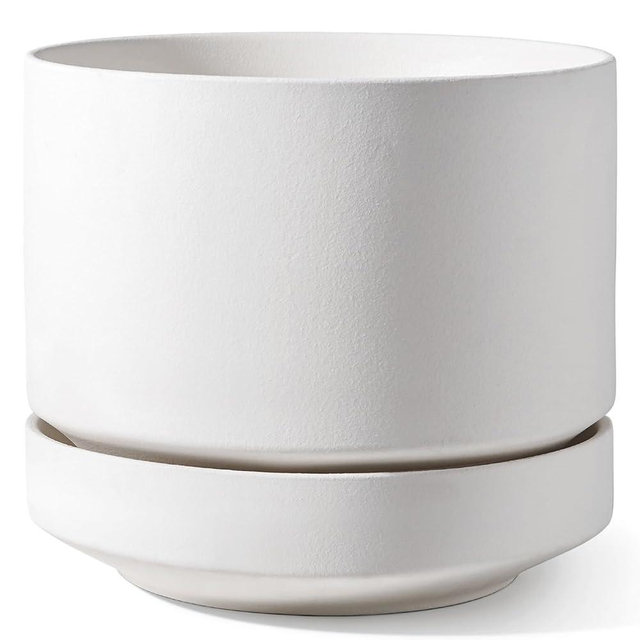 LE TAUCI 12 Inch Pots for Plants with Saucer | Ceramic Outdoor & Indoor Planter Pot for Plants | Drainage Hole, Mesh Pad & Plug | Unglazed Porous | Modern for Home, Office and Patio – Chalk White