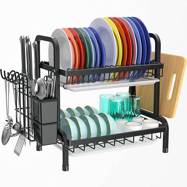 Dish Drying Rack with Drip Tray, 2 Tier Modern Large Dish Rack with Drainboard Set Dish Drainer for Kitchen Counter，Dish Strainers /Dish Dryer Rack Over The Sink；Escurridor de Platos para Fregadero