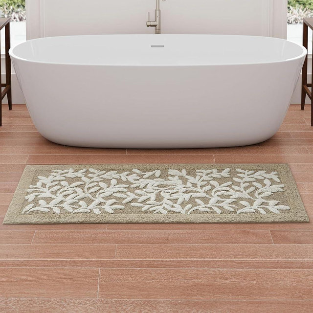 Madison Park Serene 100% Cotton Tufted Bathroom Rug - High & Low Tufting Floral Leaf Design, Quality Luxurious Plush Medium Pile Bath Mat Absorbent, Quick Dry, Shower Room Décor, 24x60 Taupe