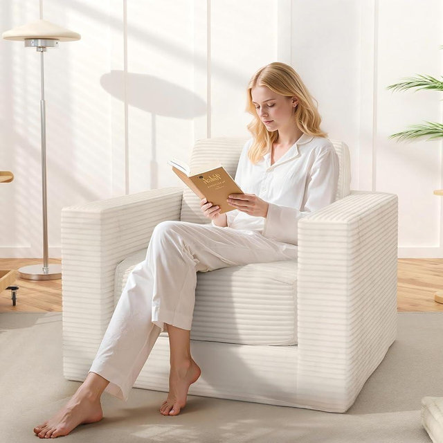 Furnify Bean Bag Chair, Large Beanbag Chair for Adults, Comfy Foam Floor Sofa with Pillows and Armrests, Plush Chair Bean Bag Couch for Bedroom Living Room, (Plush Corduroy Fabric, Beige)