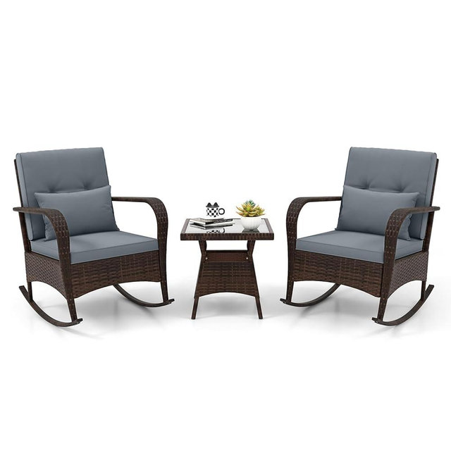 ORALNER 3 Pieces Patio Furniture Set, Outdoor Wicker Rocking Chairs with Cushions, Pillows, Glass Coffee Table, Rattan Bistro Rocker Set for Balcony Front Porch Poolside Garden Deck Yard (Grey)
