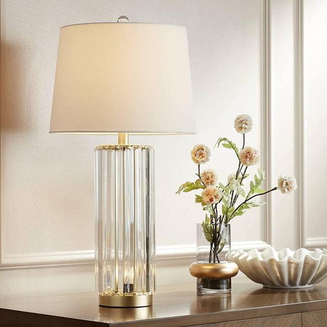 Regency Hill Rivera Traditional Table Lamp 27 3/4" Tall with Nightlight Gold Clear Glass LED White Tapered Drum Shade for Bedroom Living Room Nightstand Bedside Night Stand Office Kids Room