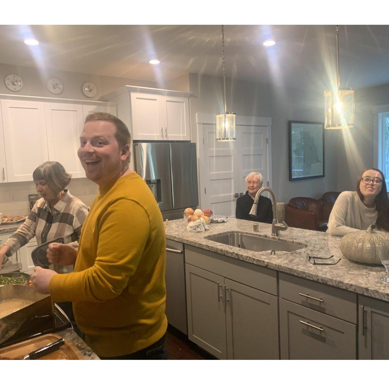 Thanksgiving 2019! Austin was helping Steph's mom with the gravy. Steph's Gram (Gloria) and Steph are having fun watching :)