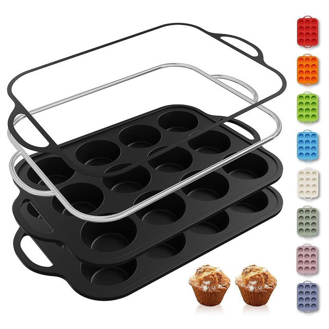 Socisen 2 Packs 12 Cups Silicone Muffin Pan with Metal Reinforced Frame Regular Size Cupcake Tray Egg Mold Wedding Day Engaged Engagement Hostess Couple Newly Wed House Christmas Married Unique Gift