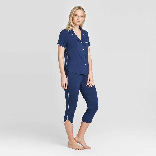 Women's Beautifully Soft Notch Collar Cropped Pajama Set - Stars Above™ Navy L