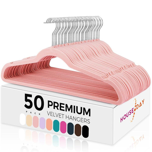 HOUSE DAY Premium Velvet Hangers 50 Pack, Non-Slip Flocked Felt Hangers, Sturdy Clothes Hangers Heavy Duty Coat Hangers & Suit Hangers, Durable Slim Pink Hangers for Closet Space Saving