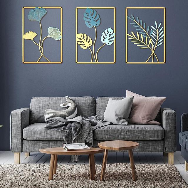 3 Pcs Wall Decor Metal Leaf Wall Decor Modern Minimalist Metal Abstract Line Wall Art Ginkgo Leaf with Frame Decorative Wall Decor for Living Room Bedroom Office, 11.82 x 8.27 In (Gold and Dust Blue)