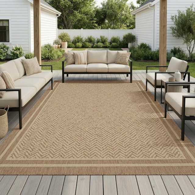 MontVoo-Outdoor Rug-Patio Rug 8x10 Polypropylene Indoor Outdoor Rug Outdoor Carpet for Patio Deck Balcony Porch, Textured Weave, Durable for High Traffic, Fade-Resistant, Boho Farmhouse Neutral Brown
