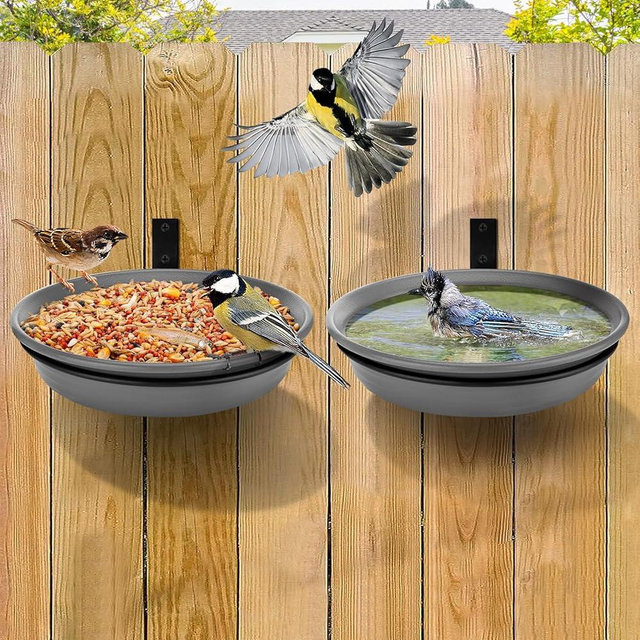Fence Bird Feeders Tray - 2pcs Tree Mounted Wild Bird Bath for Outdoors Place Food Water, Installed on Deck Wall Stakes with Heavy Duty Iron Ring, 8.3'' Dia. (Grey)