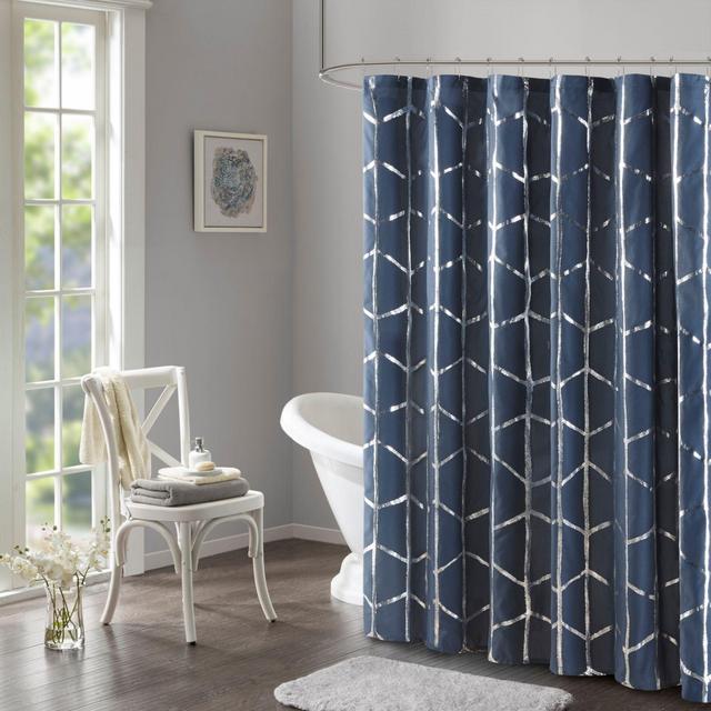 Intelligent Design Raina Printed Metallic Shower Curtain in Navy/Silver