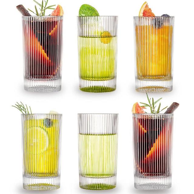 Triplorare Ribbed Drinking Glasses - 13 Oz Highball Glasses，Water Glasses Set of 6, Ribbed Glass Cups for Cocktail, Mixed Drink, Ice Tea