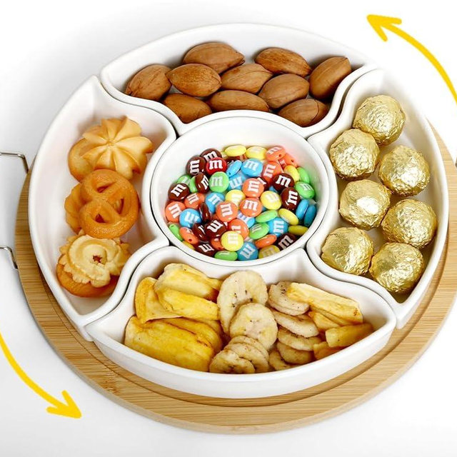 Zonpexe 360°Rotatable Serving Trays with Handle - Divided Serving Platters and Trays for Parties, Charcuterie Board Perfect for Chips and Dip, Veggie, Fruit,Snacks and Candy, Home Decor, White