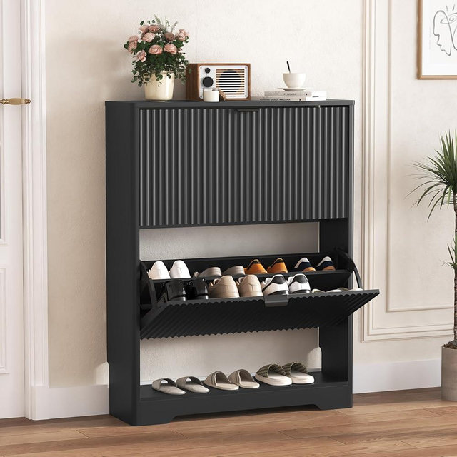 HUANLEGO Shoe Cabinet Storage for Entryway with 2 Flip Drawers, Black Fluted Shoe Cabinet with Open Storage, Wooden Hidden Shoe Rack Freestanding Narrow Slim Shoes Organizer for Hallway, Entrance