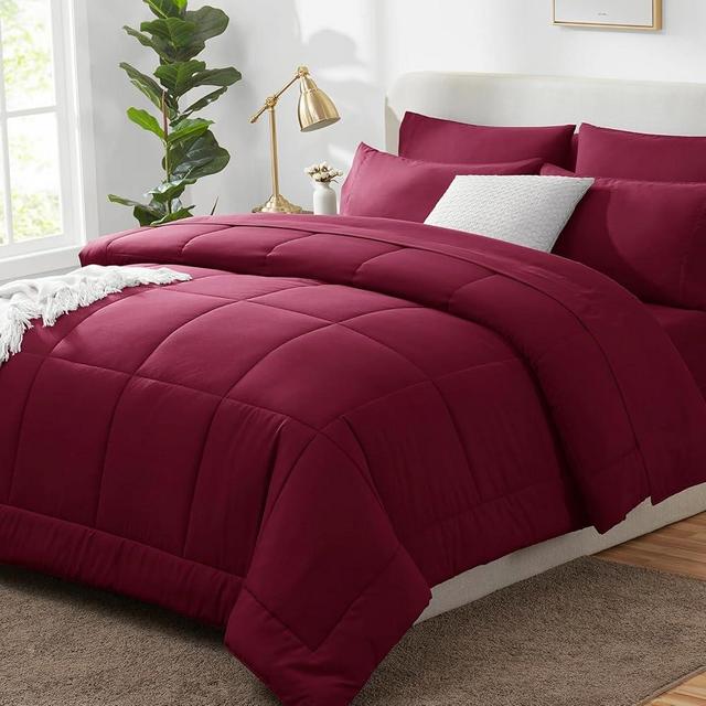 CozyLux Burgundy Comforter Set Queen 7 Pieces Red Comforter Set Queen Bedding Sets Queen with All Season Quilted Comforter, Flat Sheet, Fitted Sheet, Pillowcases