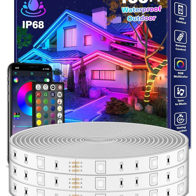 100Ft Outdoor LED Strip Lights Waterproof,Music Sync RGB IP68 Outside Led Light Strips Waterproofs with App and Remote,Exterior Led Rope Lights Waterproof for Deck,Balcony,Roof,Garden,Pool