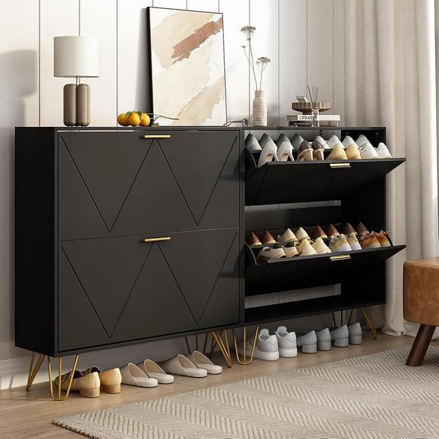 Tradare Black Shoe Cabinet Storage for Entryway, Set of 2, Narrow Shoe Cabinet with 2 Flip Drawers,Freestanding Organizer with Fluted Panel for Living Room, Bedroom, Hallway, Closet