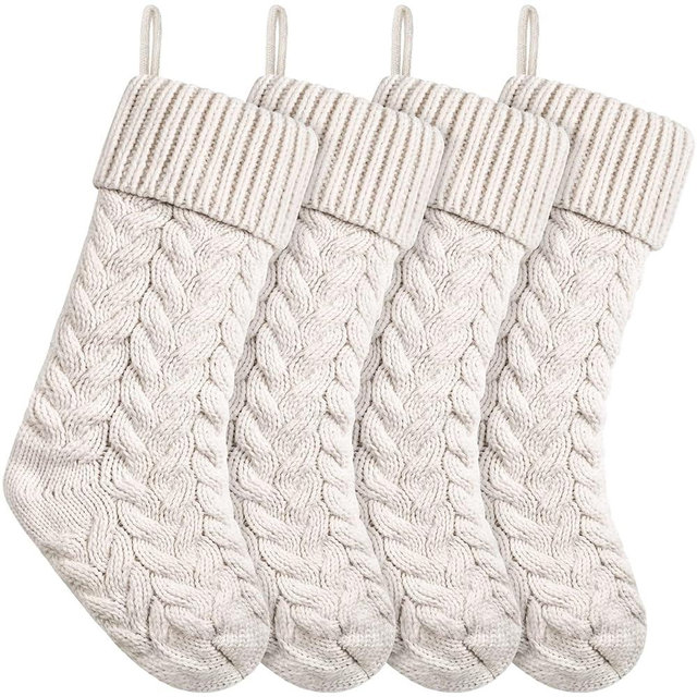 18 Inches Christmas Stockings Knit Xmas Stockings Large Fireplace Hanging Stockings for Family Christmas Decoration (Ivory, 4)