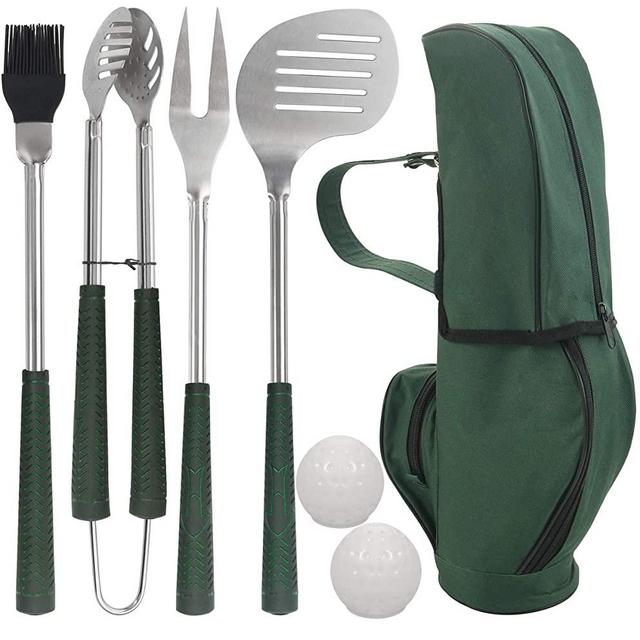 POLIGO 7pcs Golf-Club Style Grill Accessories Kit with Rubber Handle - Stainless Steel BBQ Tools in Bag for Camping - Premium Grilling Utensils Set Ideal Fathers Day Birthday Gifts for Dad Men Women
